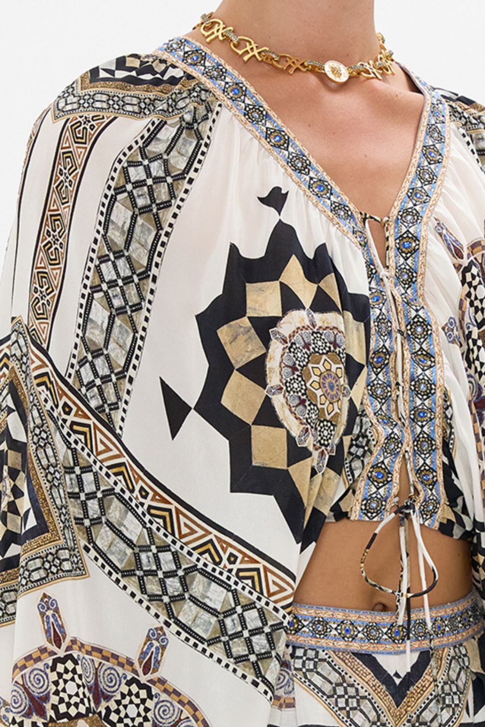 CAMILLA Lace-Up Front Blouson Sleeve Blouse in Tile Style Print