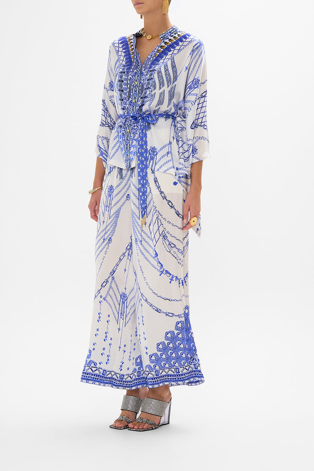 CAMILLA Button Through Scarf Blouse in Dancing with Daylight Print.