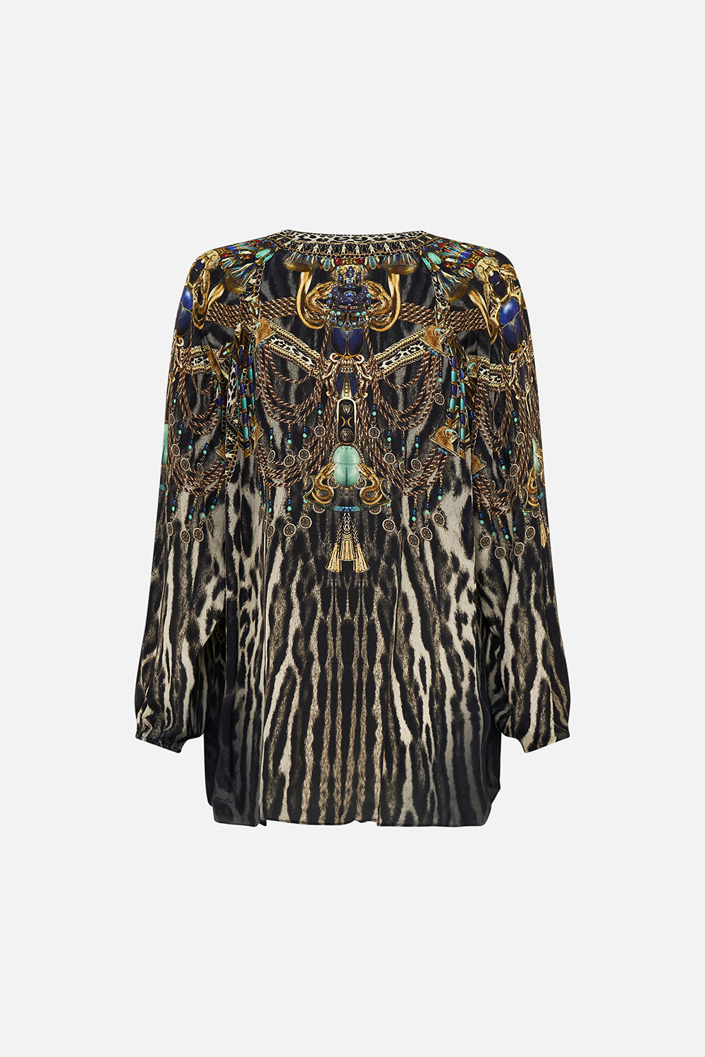 CAMILLA Lace Up Blouse in The Cat Worship print.