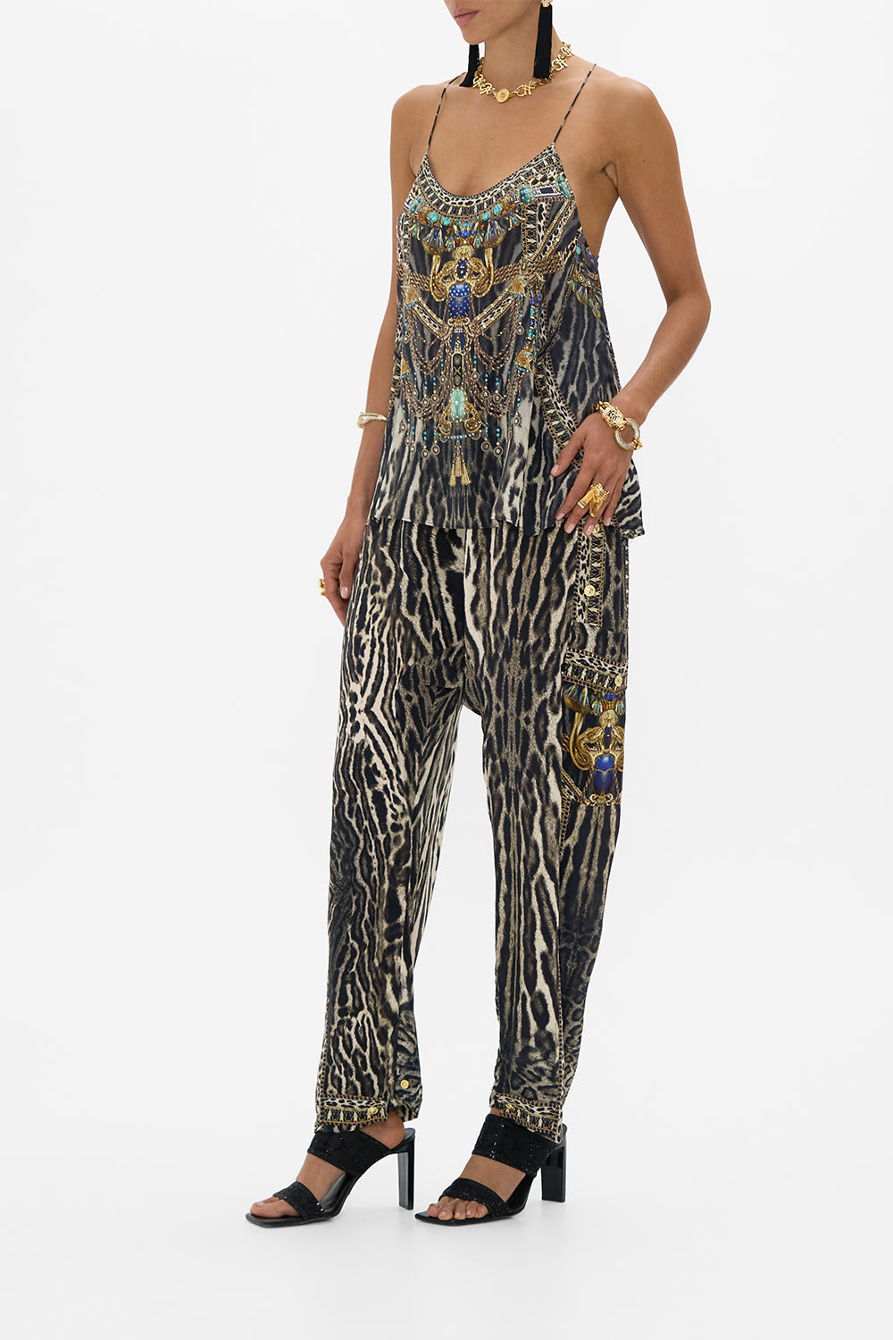 CAMILLA T Back Shoestring Top in Cat Worship print.