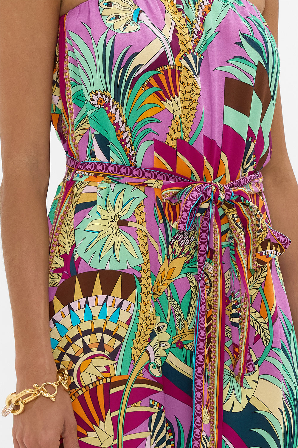 CAMILLA Tie Waist Strapless Jumpsuit in Giza Goddess print.