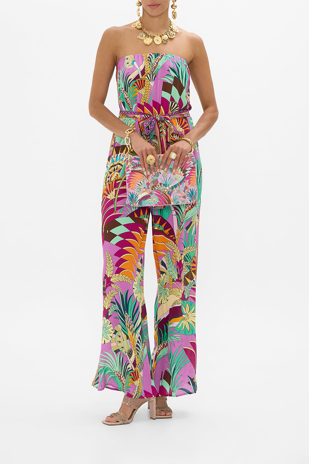 CAMILLA Tie Waist Strapless Jumpsuit in Giza Goddess print.