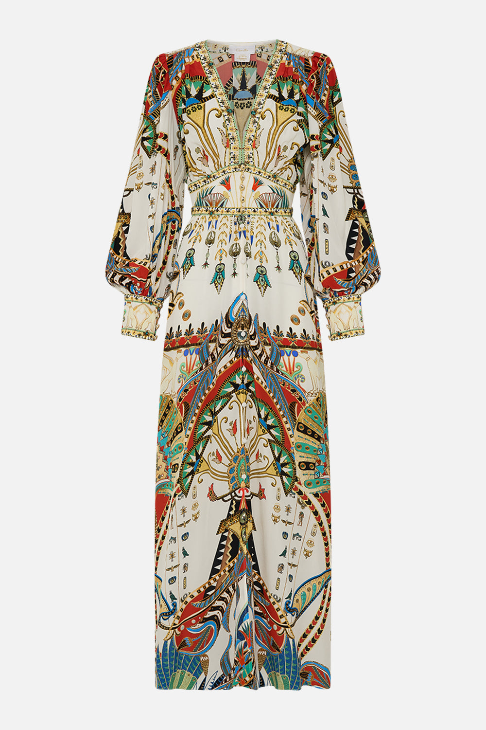 CAMILLA Shaped Waistband Dress With Gathered Sleeves in Valley Of The Queens print.