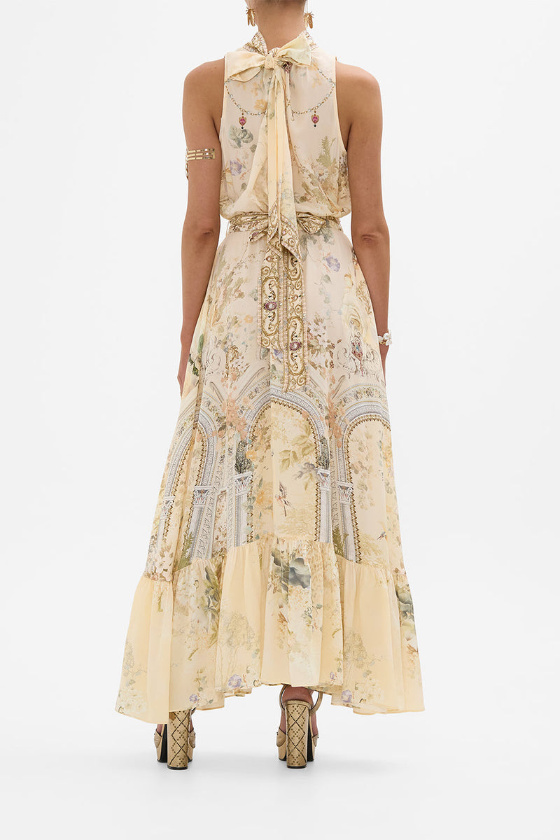 NECKTIE DRESS WITH ELASTICATED WAIST ADORNED IN ANTIQUITY