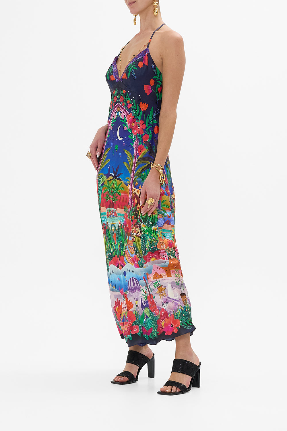 CAMILLA Chain Detail Slip Dress in Midnight Muses print.