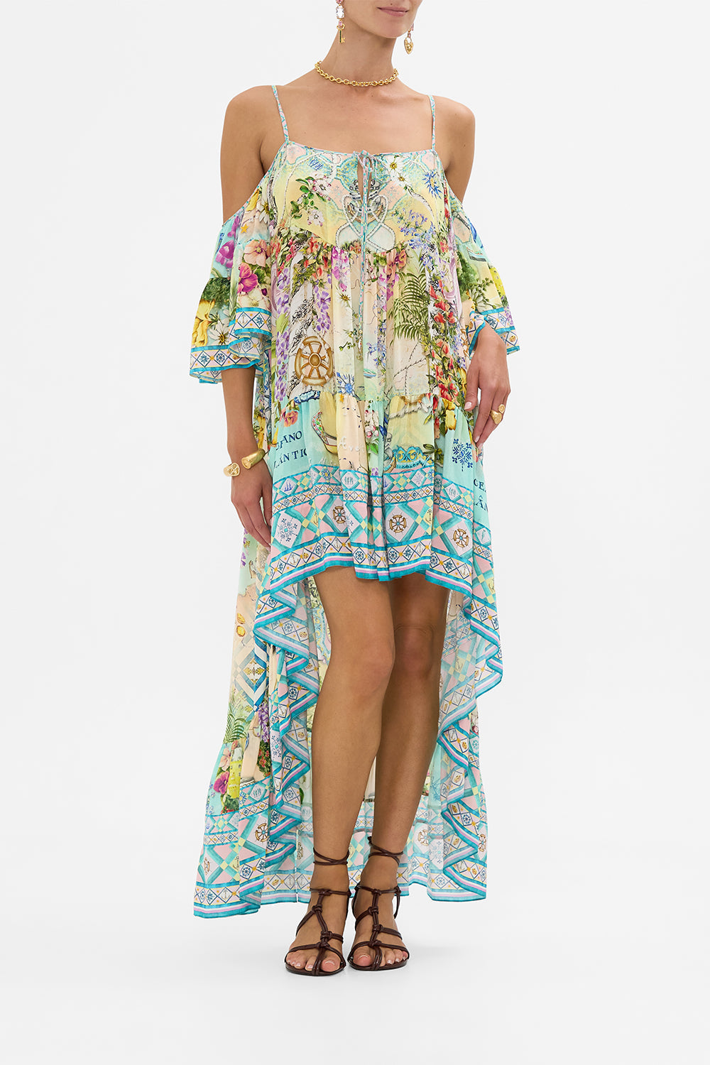 The CAMILLA Cold Shoulder High Low Dress in our Just Coasting print.