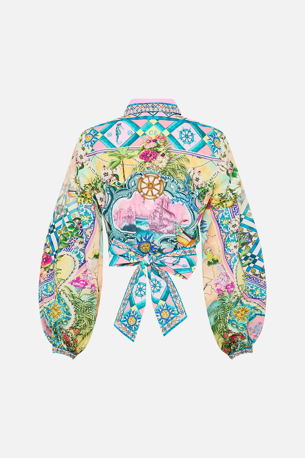 The CAMILLA Cropped Wrap Shirt in our Just Coasting print.