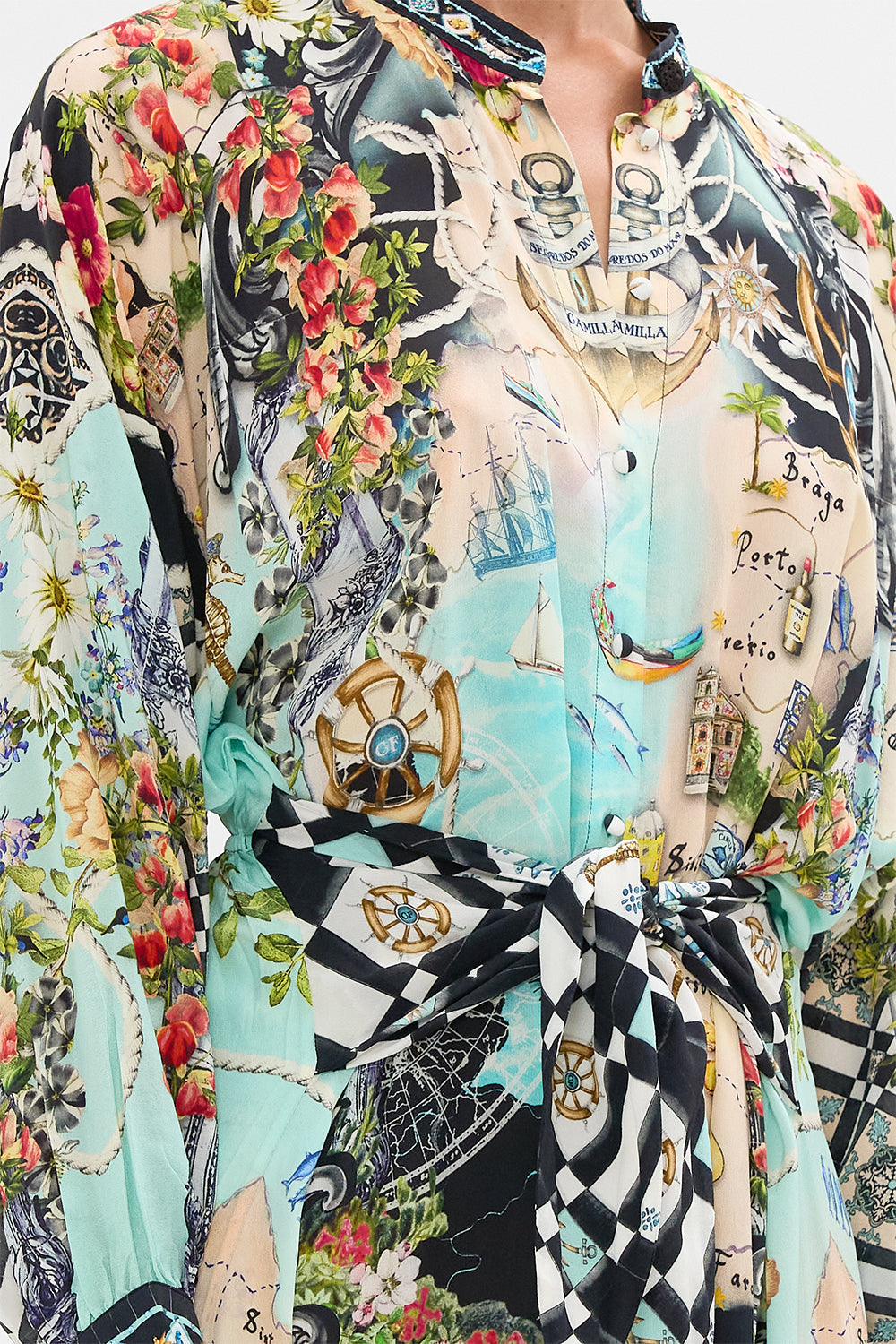 The CAMILLA Tiered Shirtdress With Wide Waist Tie in our Folk Afloat print.