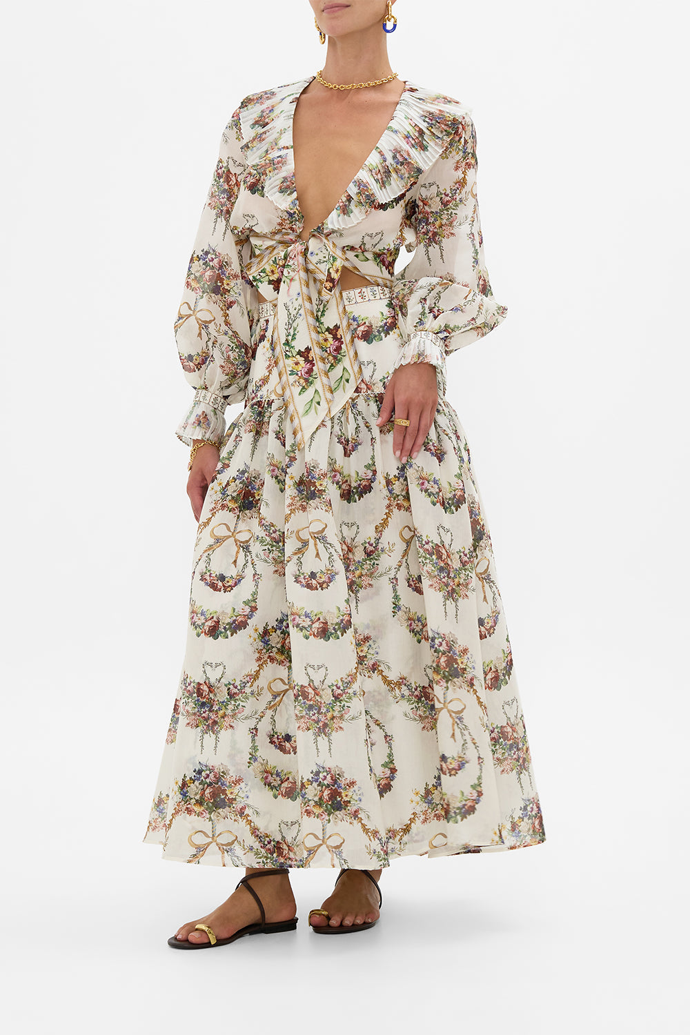 The CAMILLA Cropped Wrap Top With Pleated Detail in our Dressing Room Drama print.