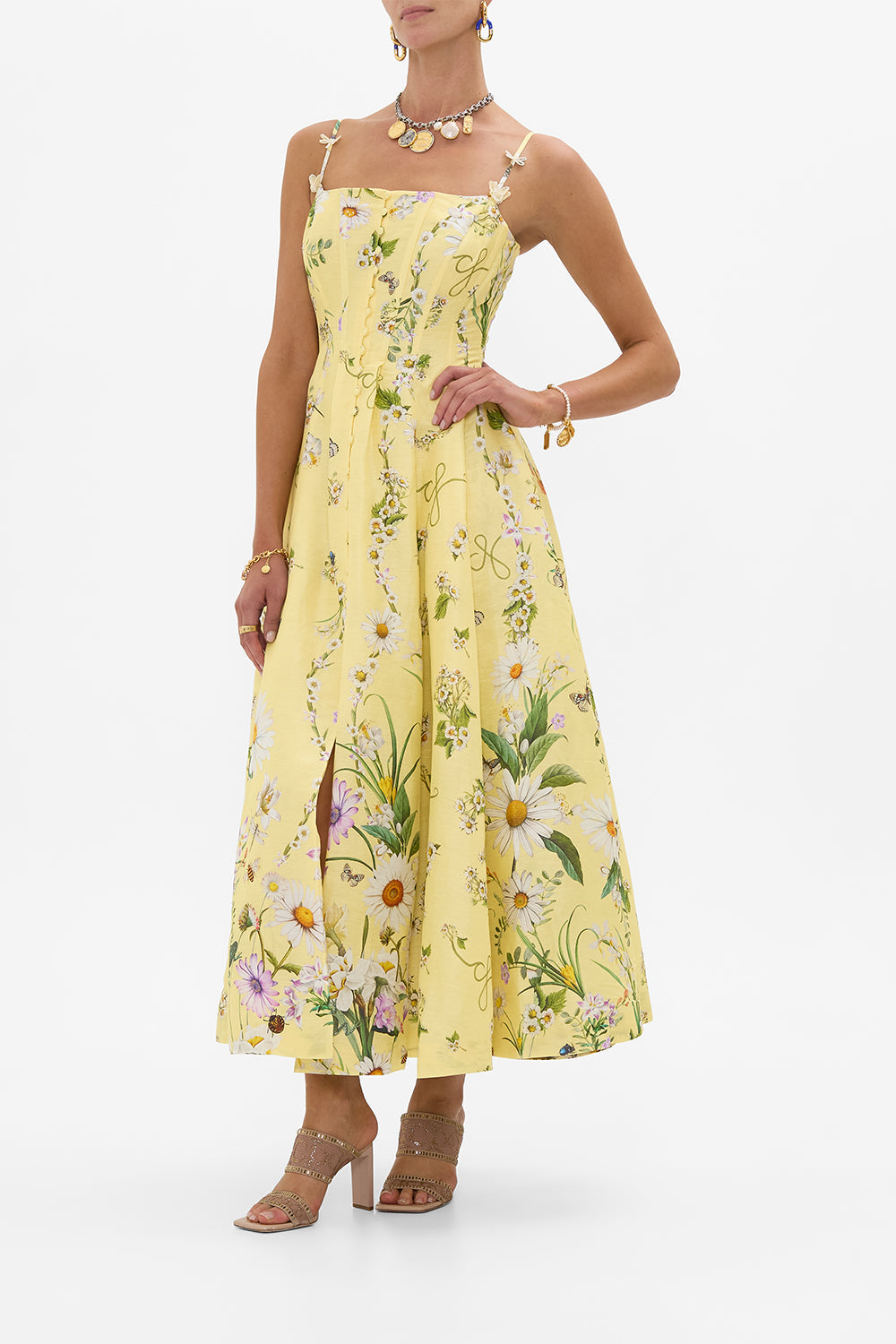 The CAMILLA Corset Dress With Long Flared Skirt in our Daisy Chains print.