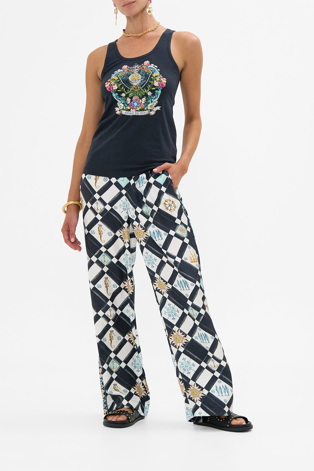 The CAMILLA Button Front Lounge Pant in our Folk Afloat print.