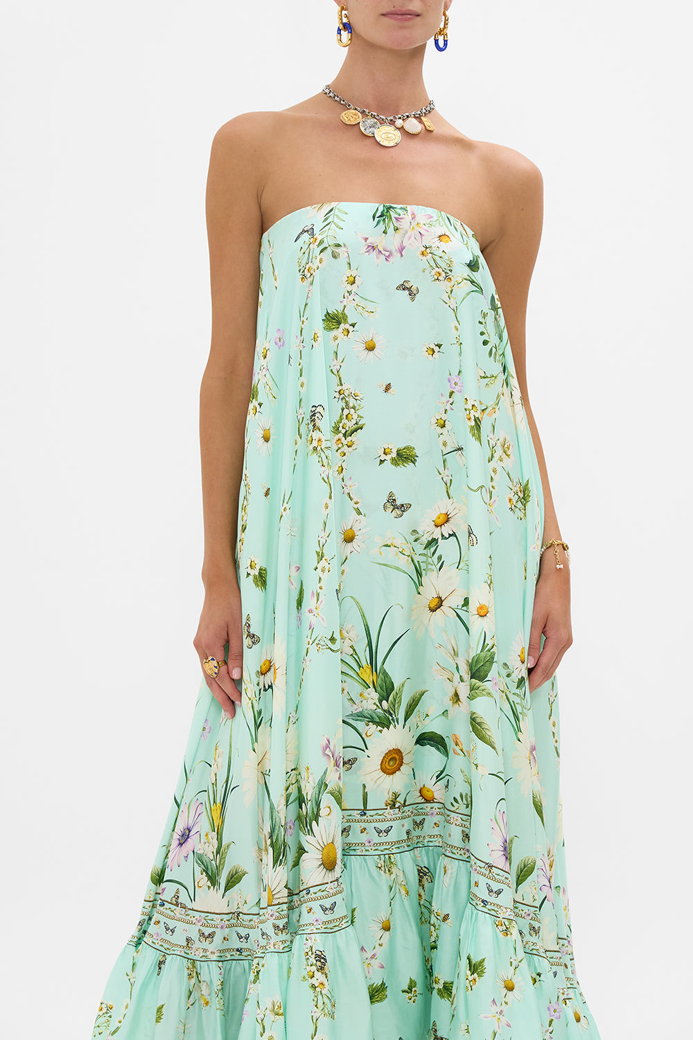 The CAMILLA Strapless Maxi With Ruffle Hem in our Floral Freefall print.