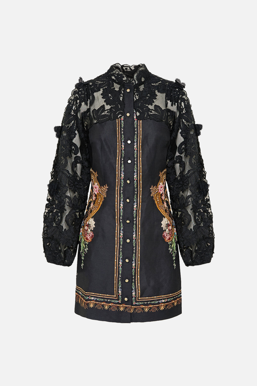 The CAMILLA Lace Sleeve Mini Dress in our Noble Endeavours print.