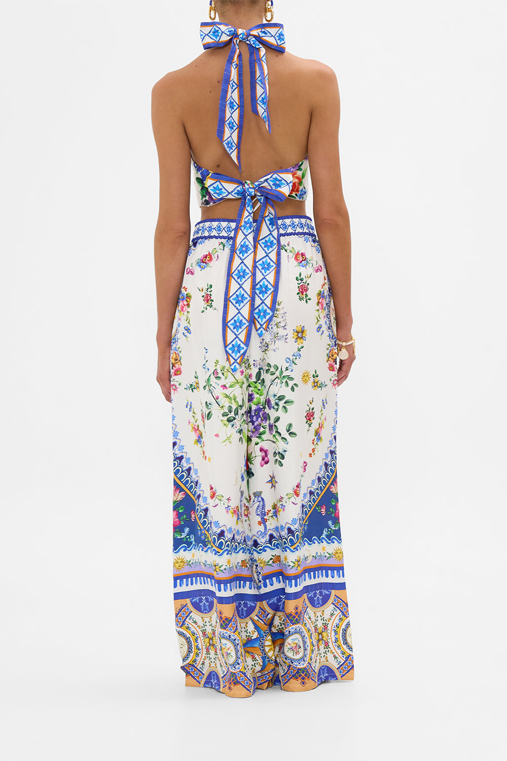 The CAMILLA Halter Tie Back Top in our Tiles Darls print.