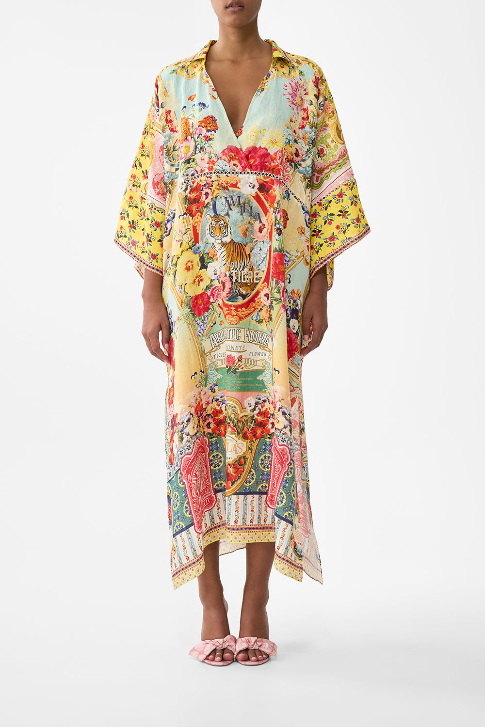 The CAMILLA Deep V Neck Kaftan With Curved Seam in our Aromatic Tiger Flower print.