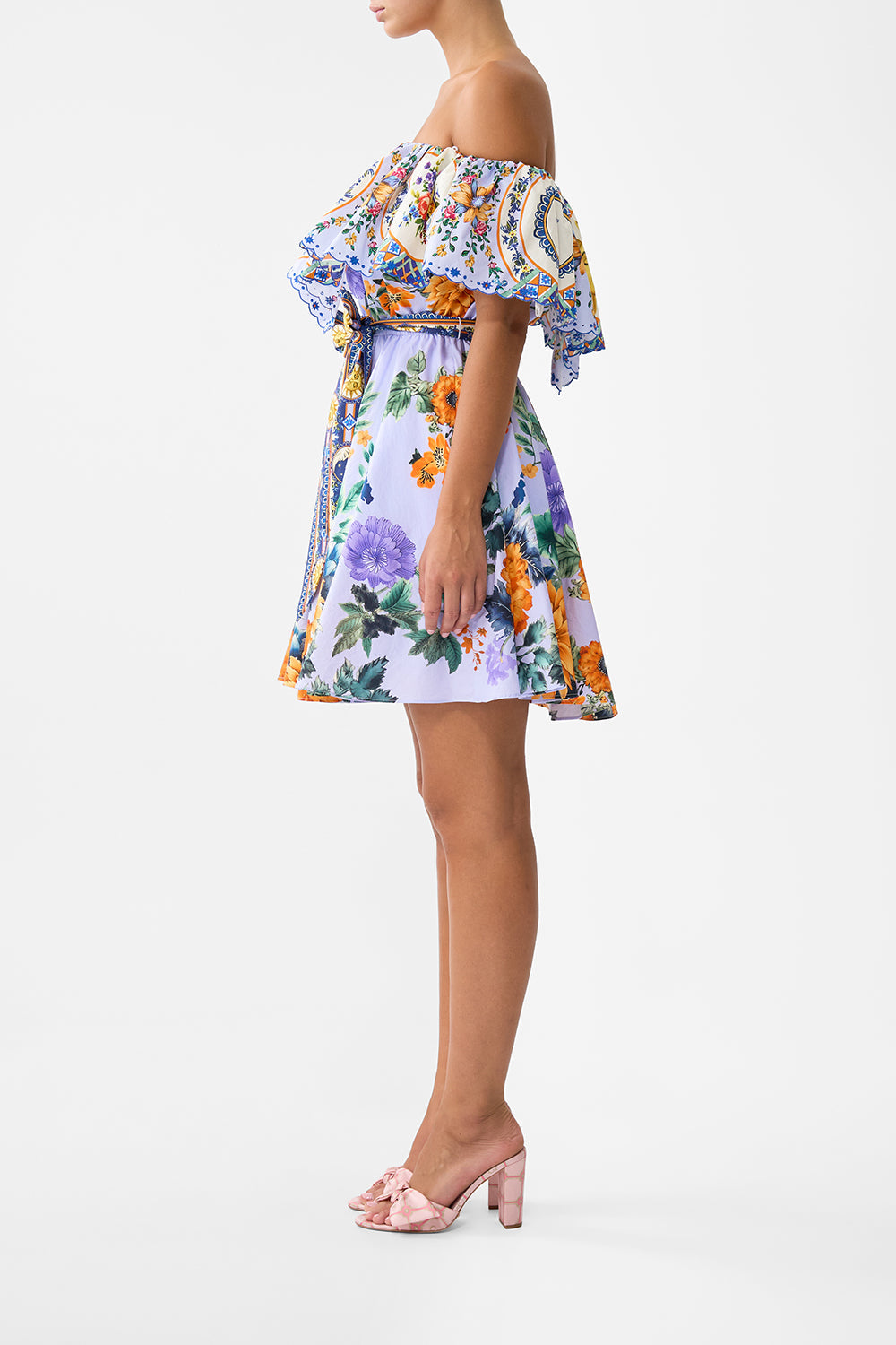 The CAMILLA Shoulder Frill Short Dress in our Luscious In Lisbon print.