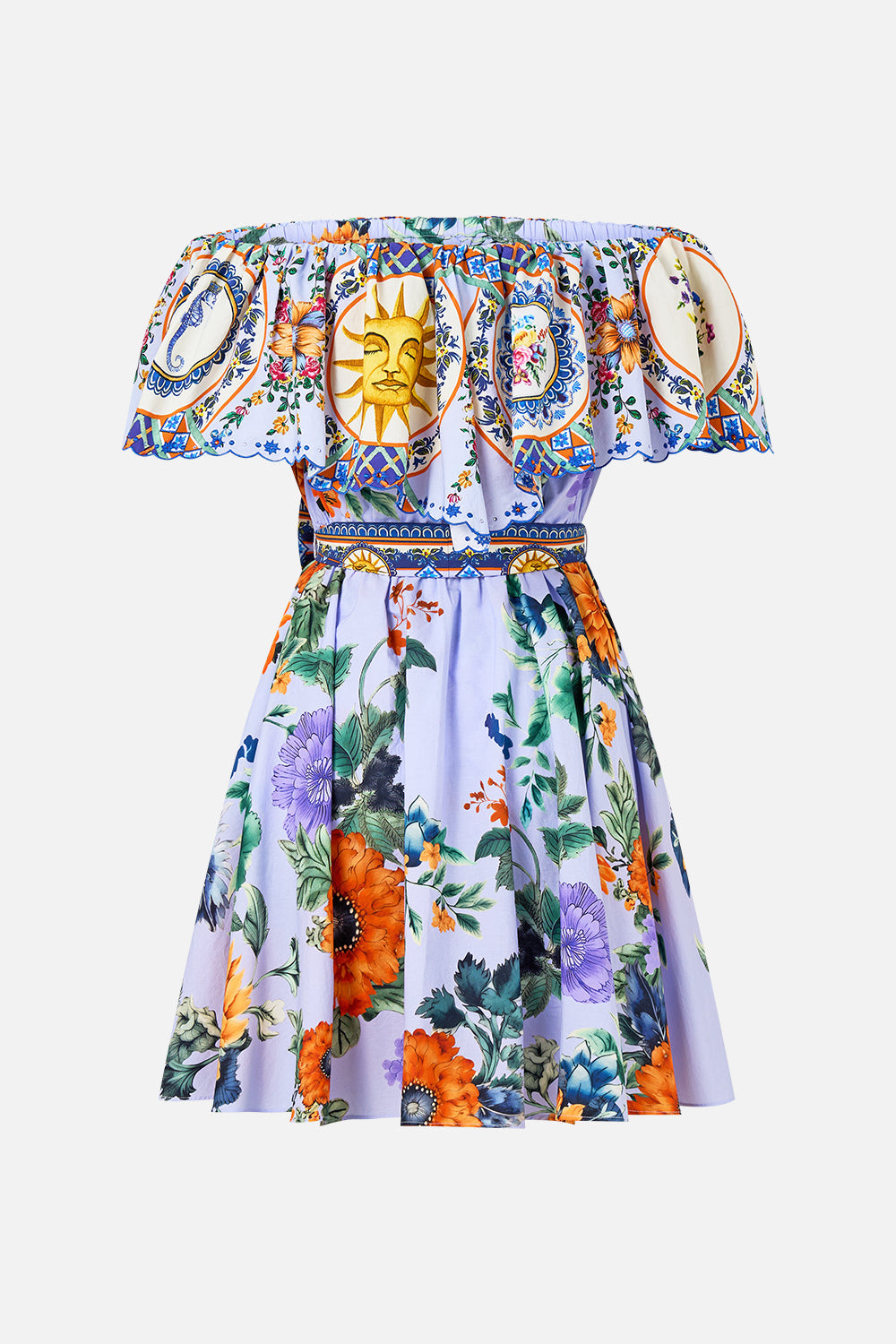 The CAMILLA Shoulder Frill Short Dress in our Luscious In Lisbon print.