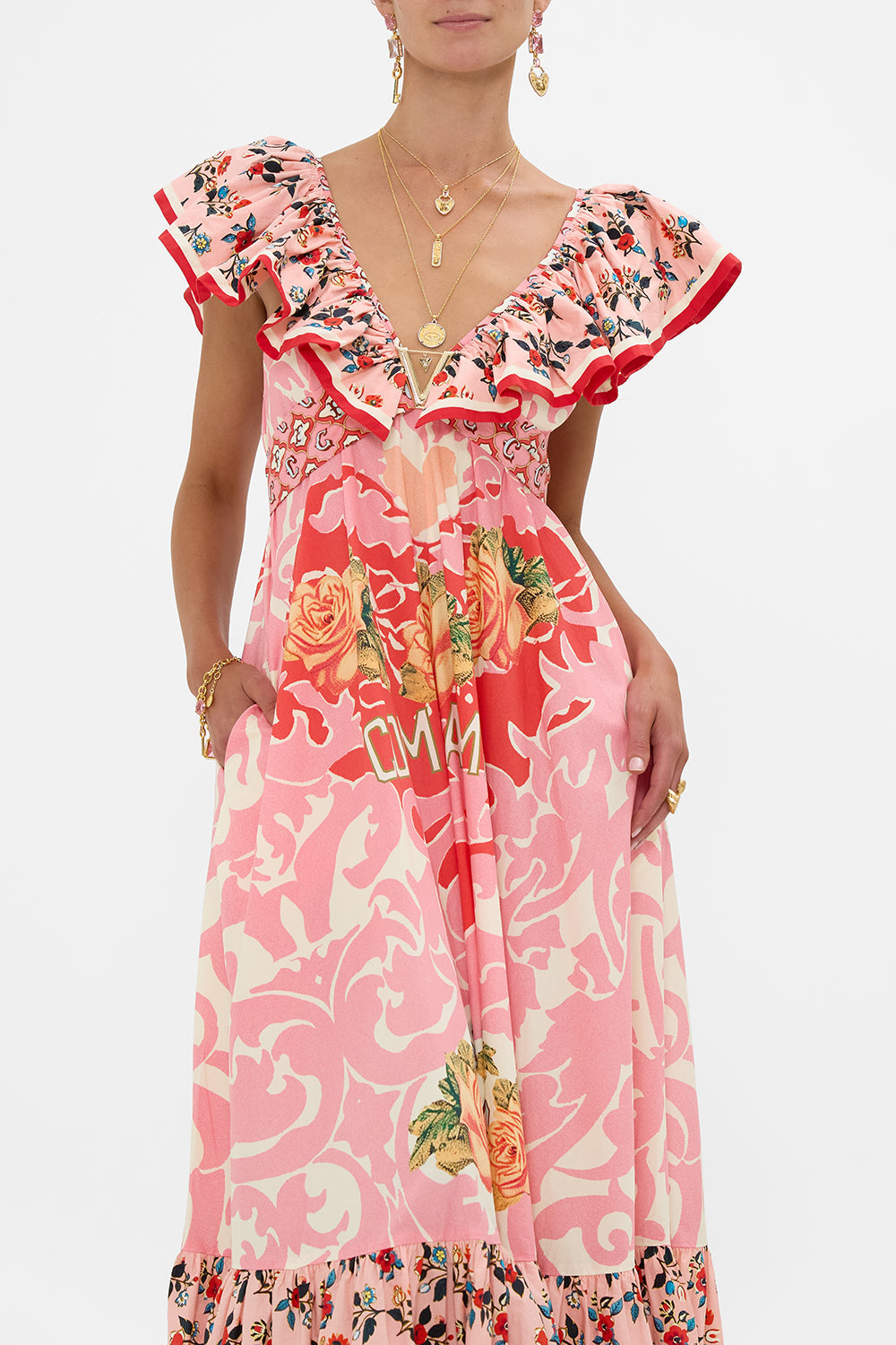 The CAMILLA Frill Neck Dress With Hardware in our Pink Porto print.