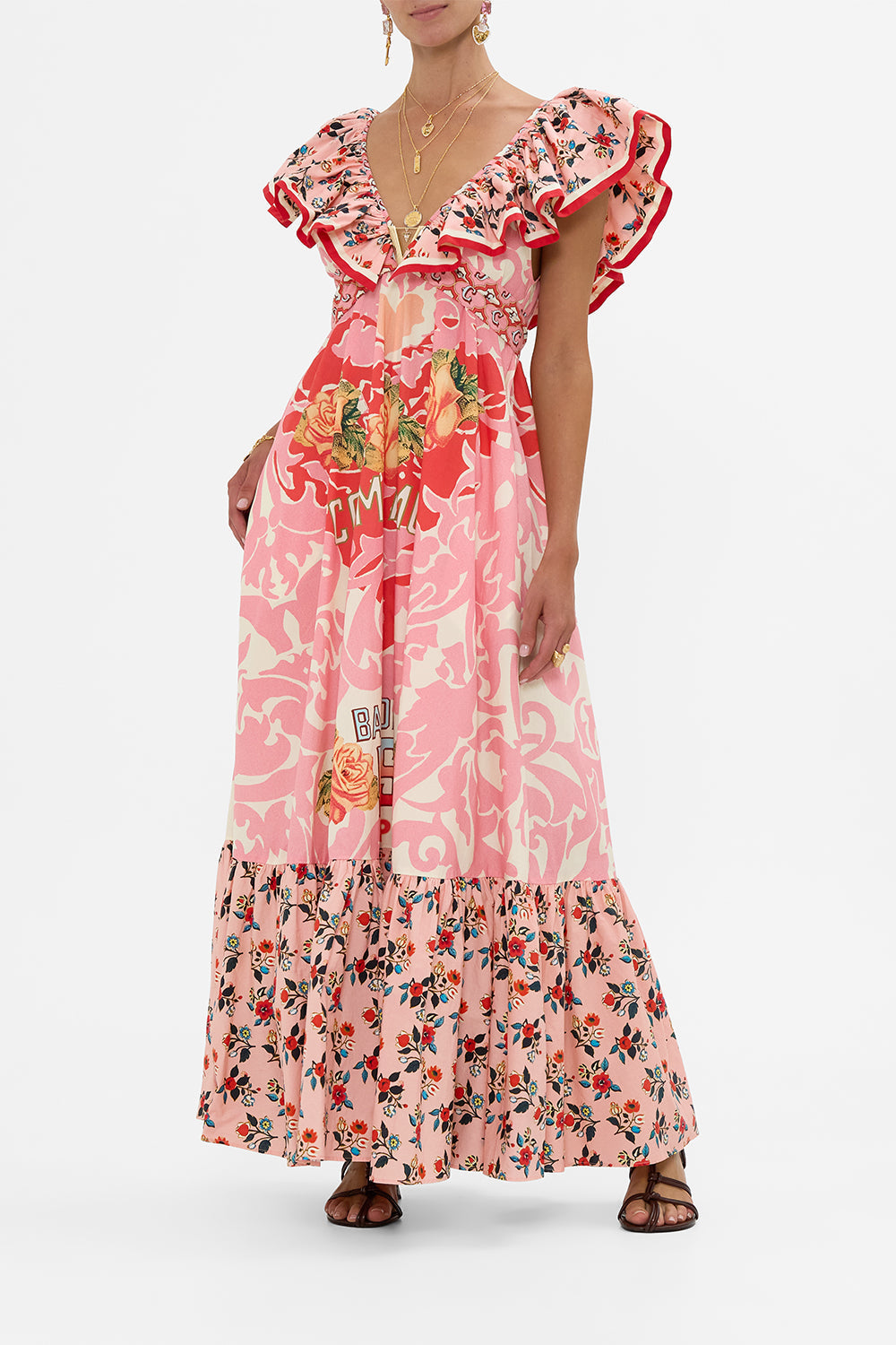 The CAMILLA Frill Neck Dress With Hardware in our Pink Porto print.