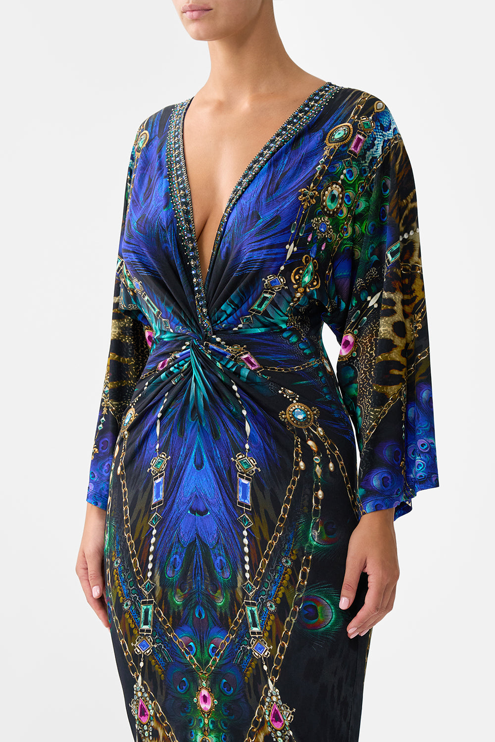 The CAMILLA Long Split Front Twist Dress in our Dominican Decadence print.