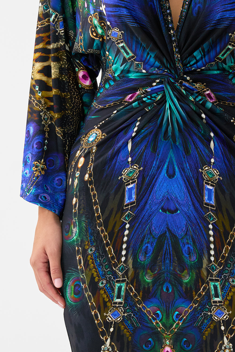 The CAMILLA Long Split Front Twist Dress in our Dominican Decadence print.