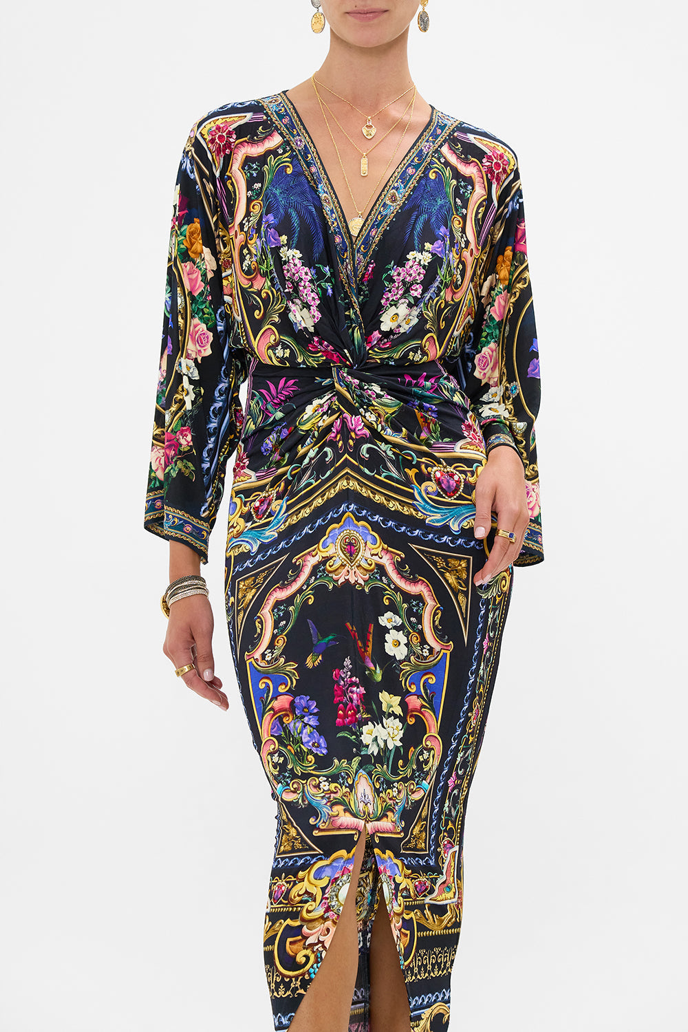 The CAMILLA Long Split Front Twist Dress in our Basked In Baroque print.