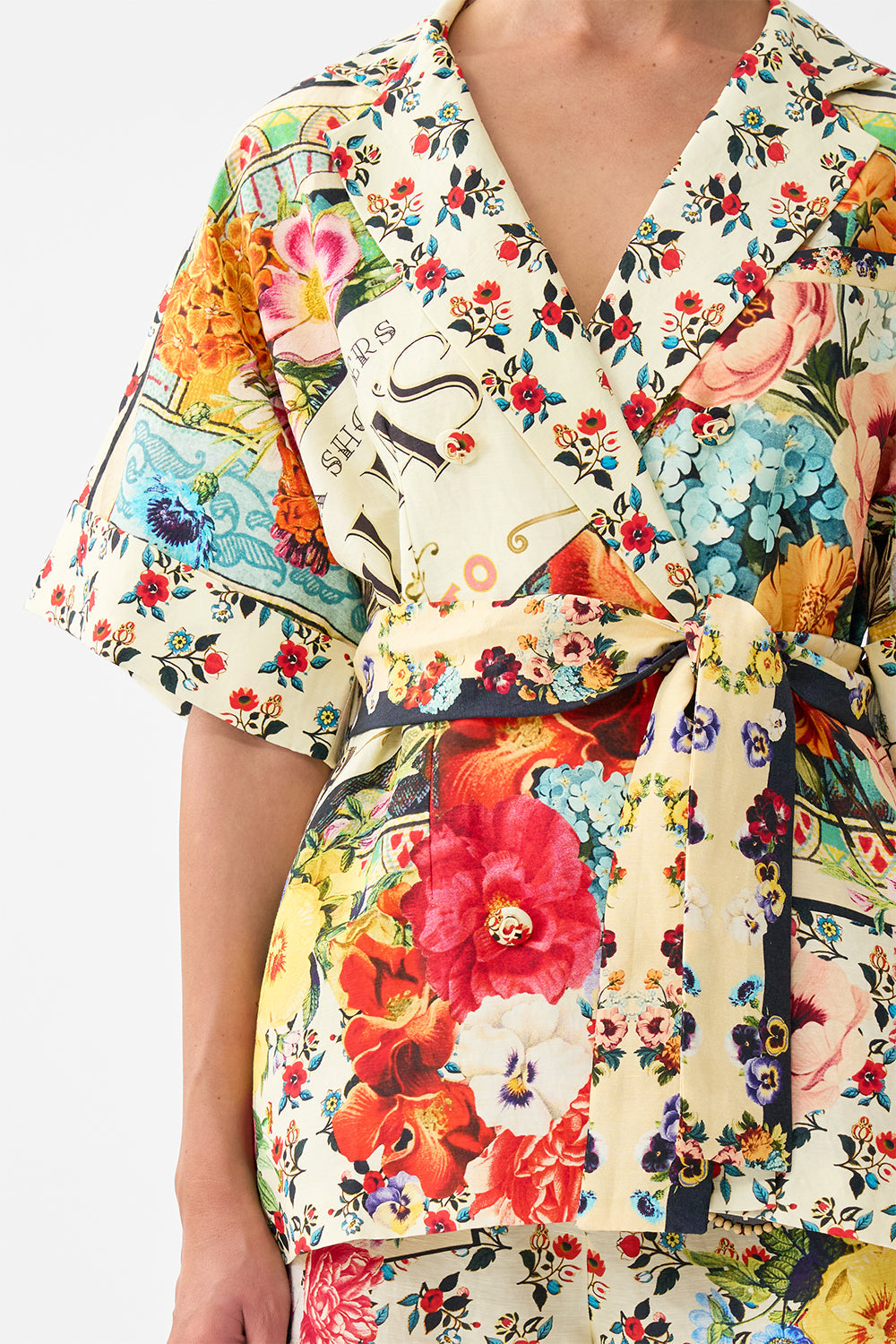 The CAMILLA Double Breasted Short Sleeve Jacket in our Aromatic Amor print.