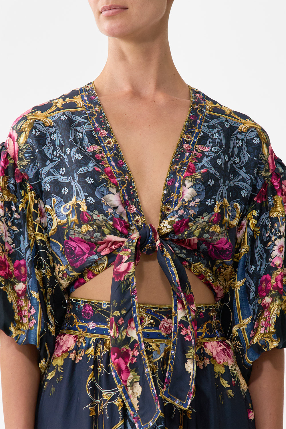 The CAMILLA Tie Front Puff Sleeve Top in our Ornate On A Plate print.