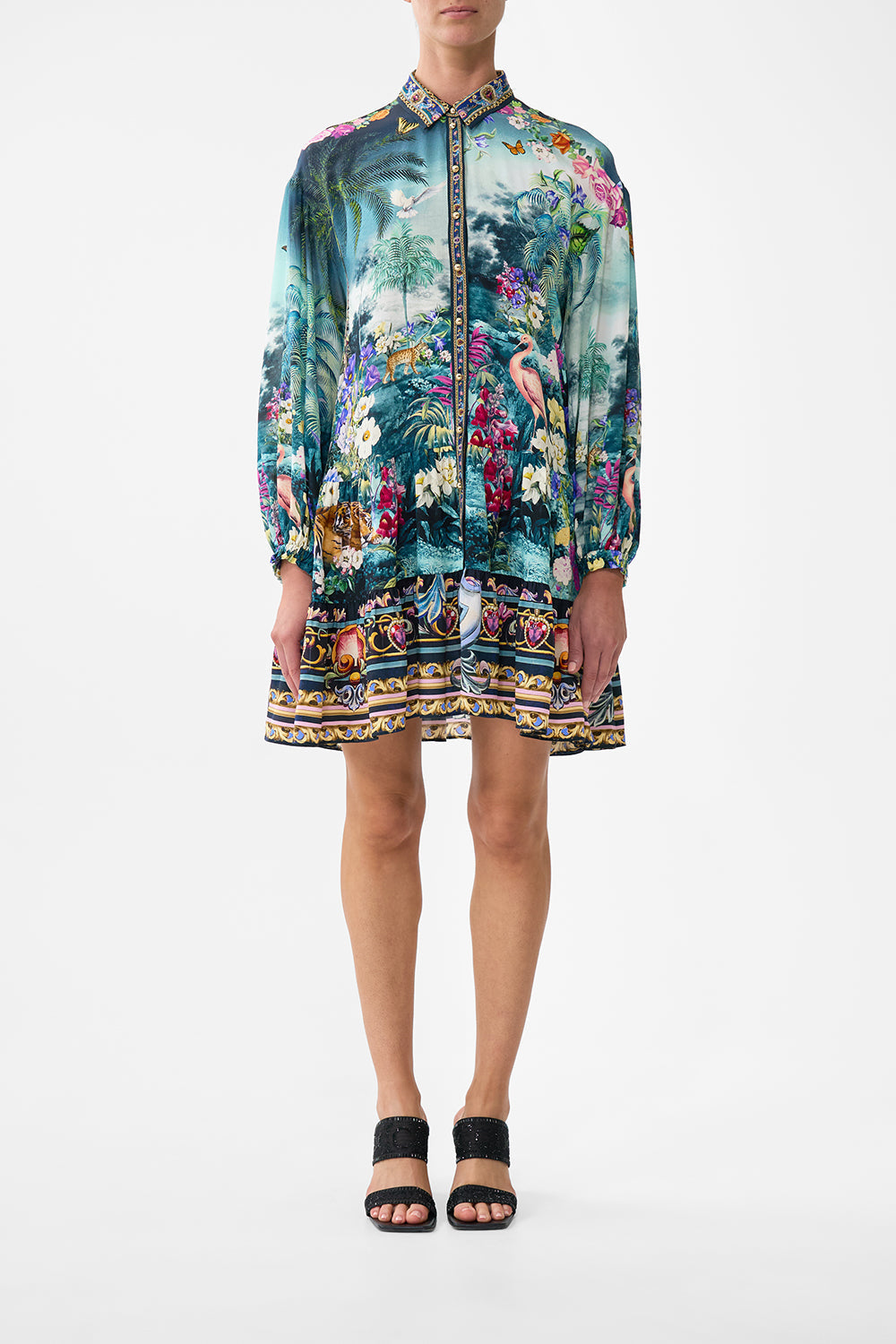 The CAMILLA Long Sleeve Tiered Short Dress in our Basked In Baroque print.