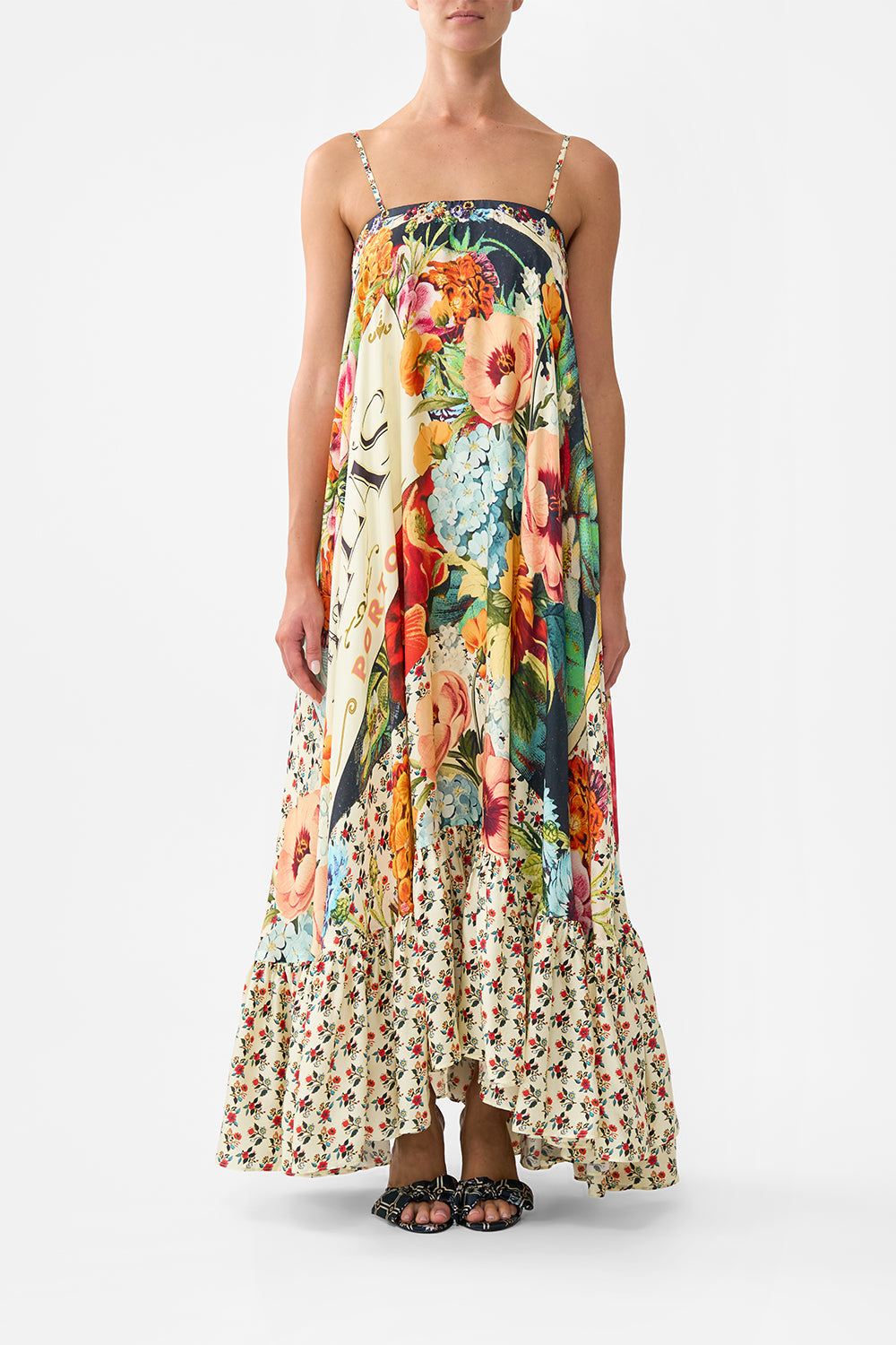 The CAMILLA Strapless Maxi With Ruffle Hem in our Aromatic Amor print.