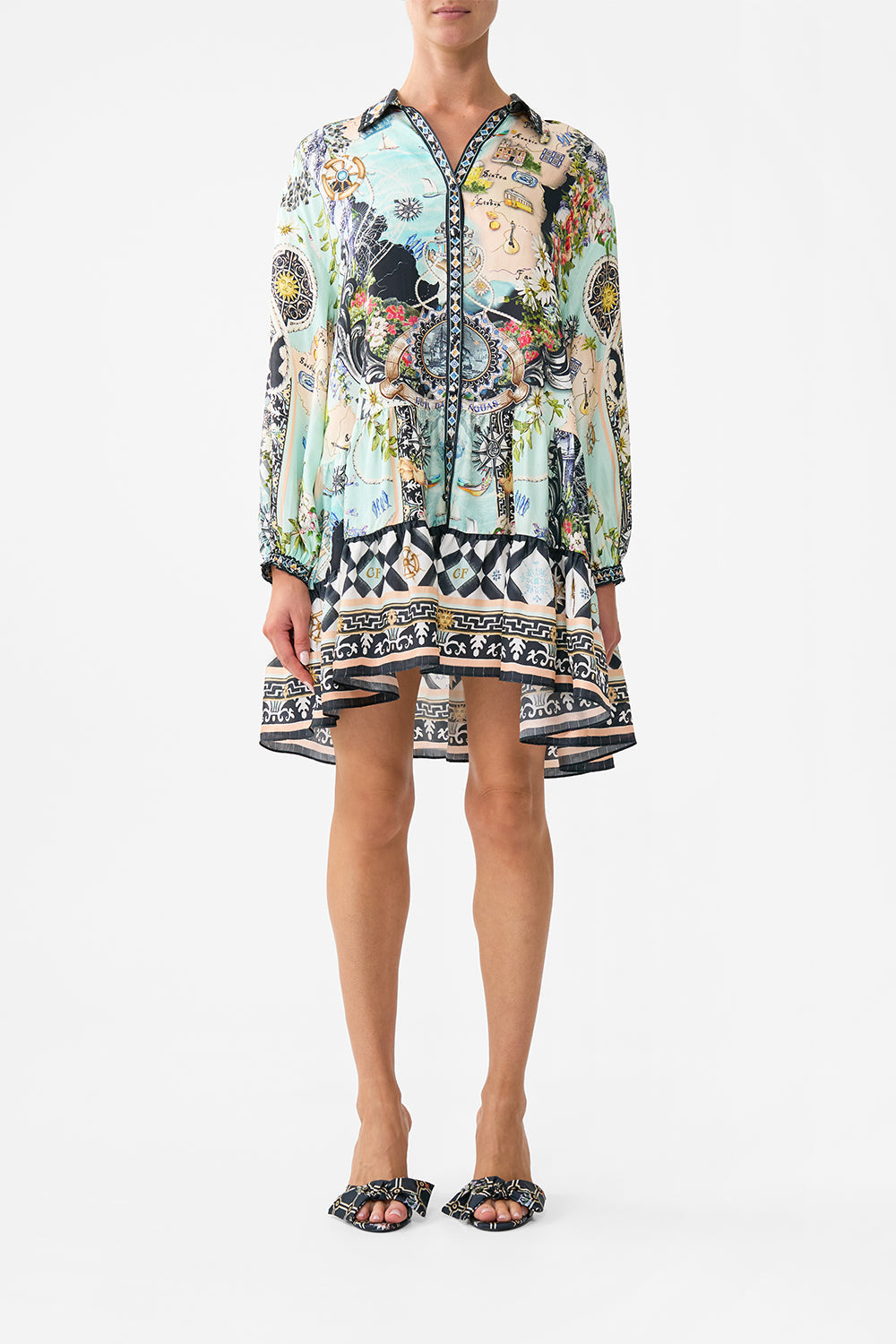 The CAMILLA Long Sleeve Tiered Short Dress in our Folk Afloat print.