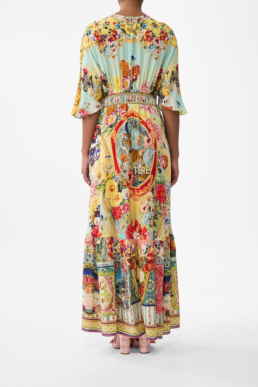 The CAMILLA Waisted Dress With Hem Ruffle in our Aromatic Tiger Flower print.