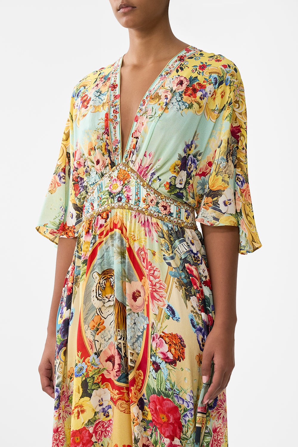 The CAMILLA Waisted Dress With Hem Ruffle in our Aromatic Tiger Flower print.