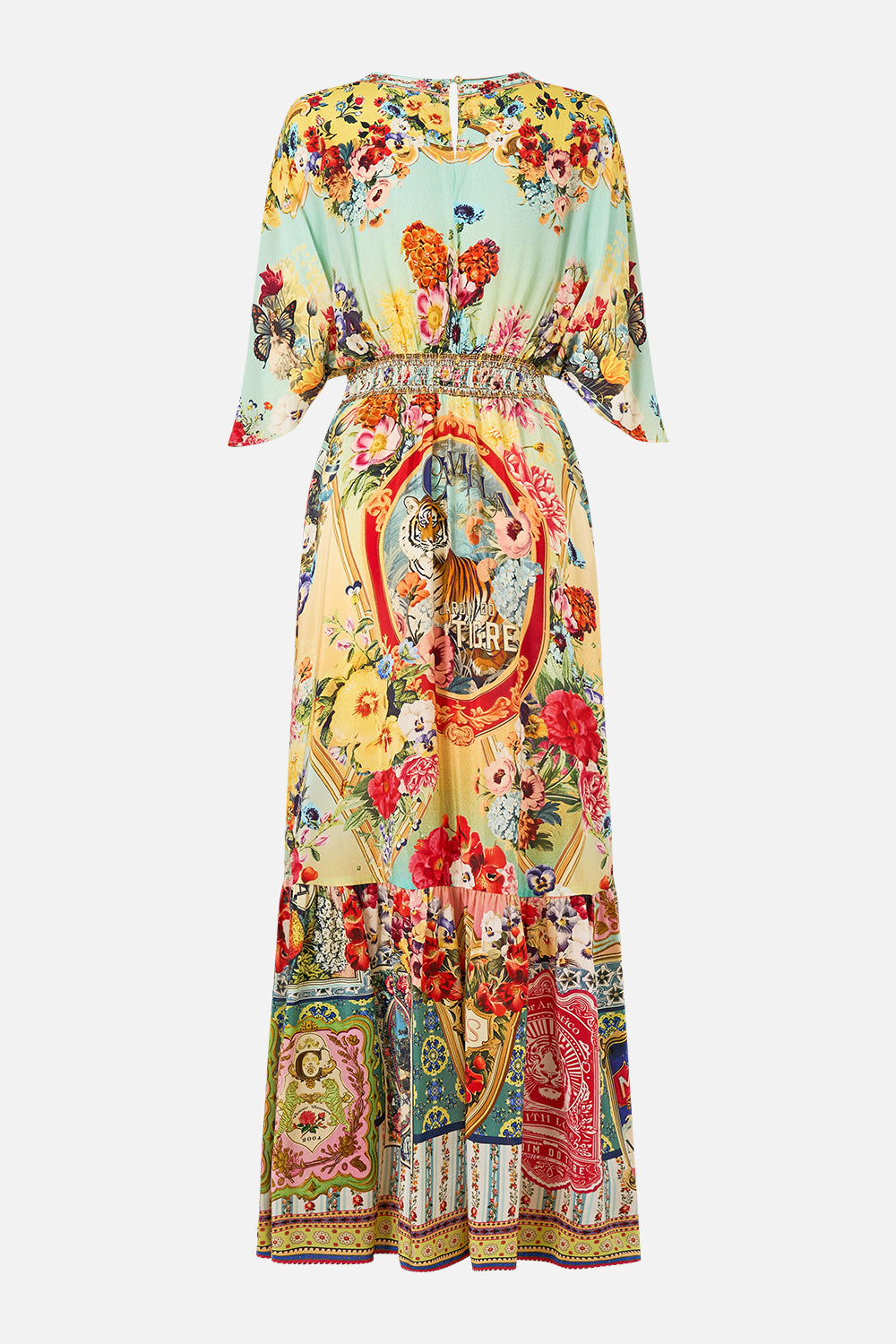 The CAMILLA Waisted Dress With Hem Ruffle in our Aromatic Tiger Flower print.