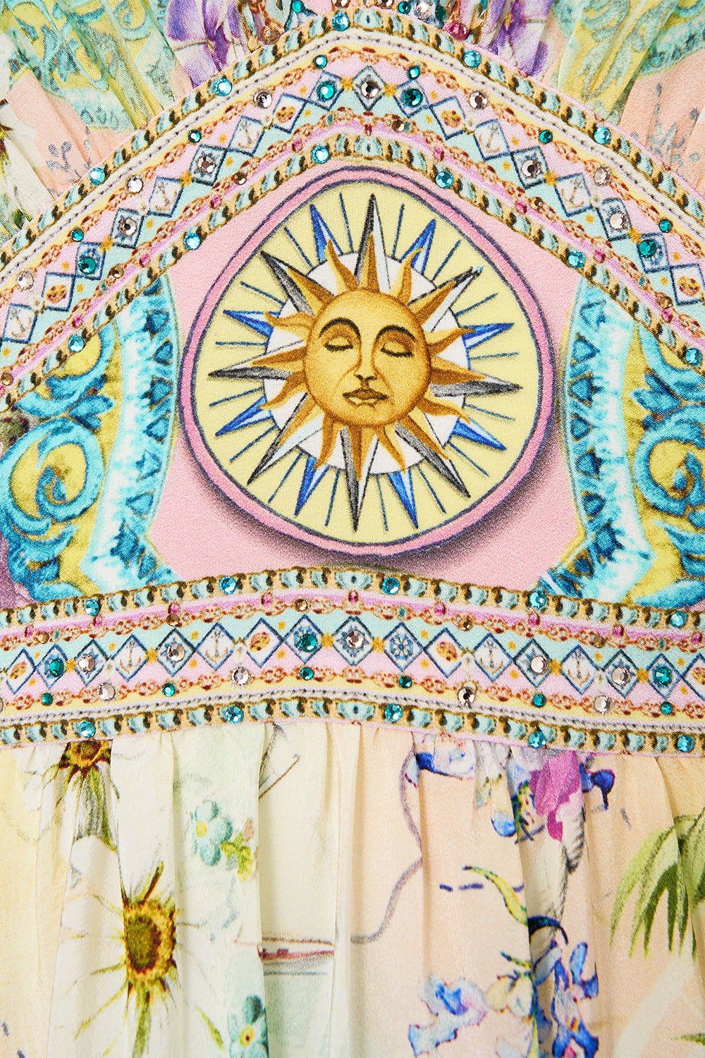 The CAMILLA Waisted Dress With Hem Ruffle in our Just Coasting print.