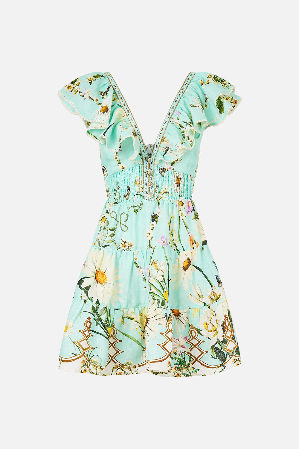 The CAMILLA Tiered Short Dress With Neck Frill in our Floral Freefall print.