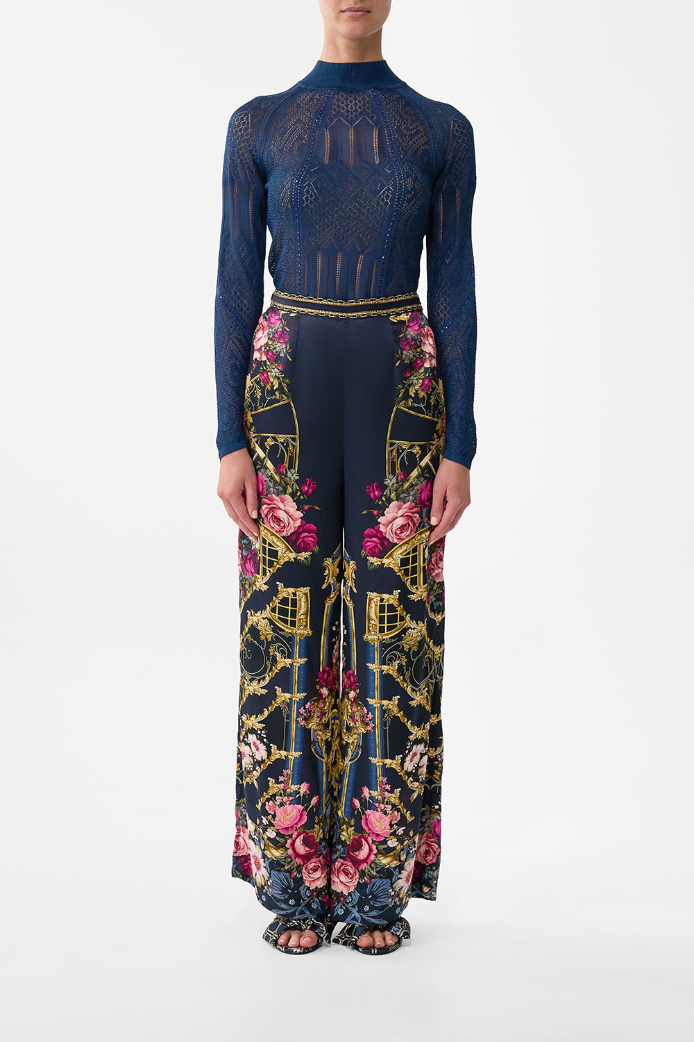 The CAMILLA Panelled Pointelle Knit Top in our Ornate On A Plate print.