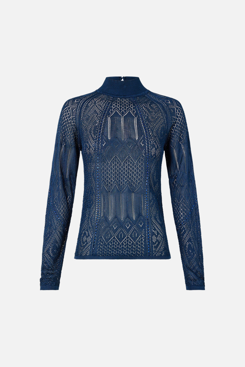 The CAMILLA Panelled Pointelle Knit Top in our Ornate On A Plate print.
