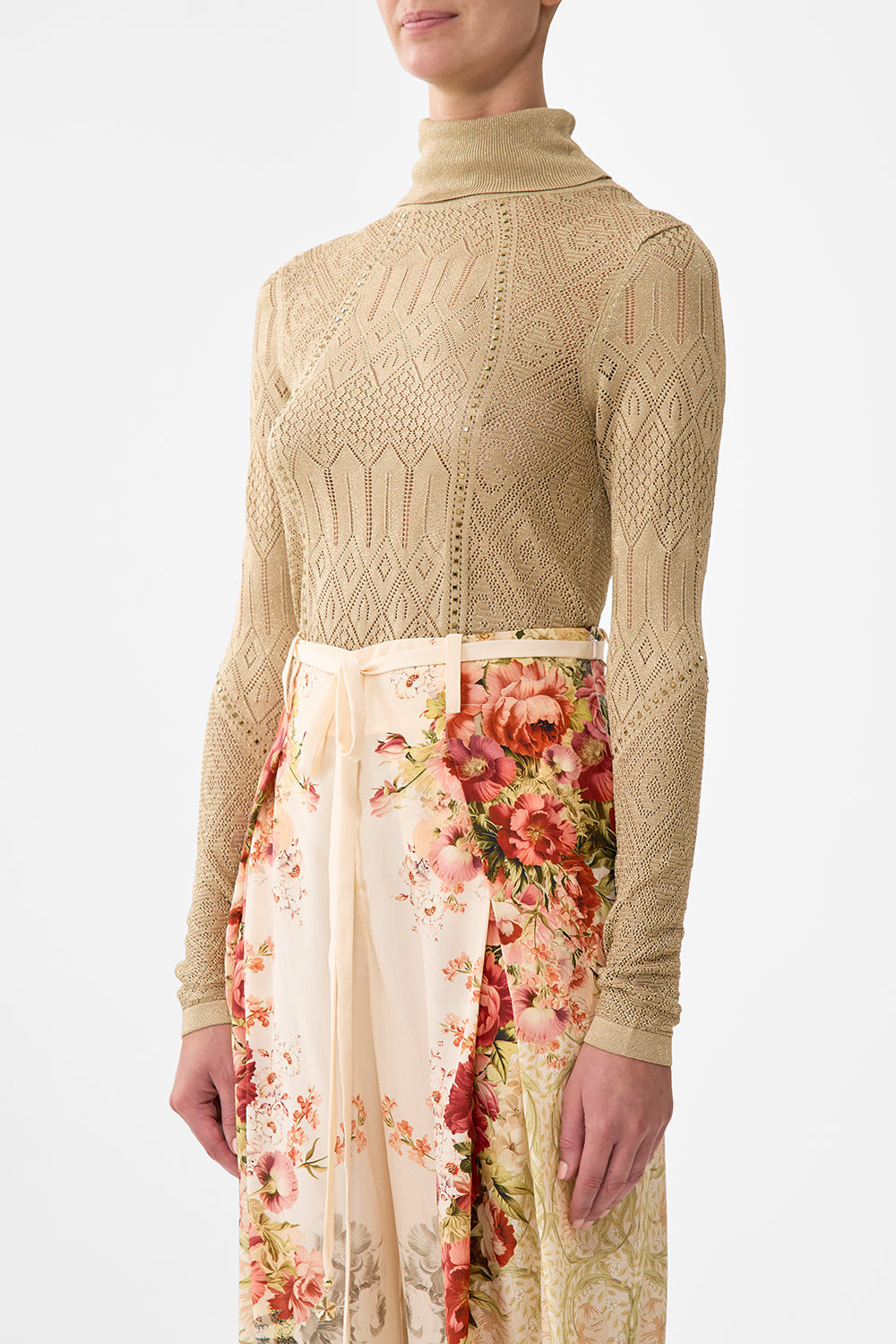 The CAMILLA Fitted Pointelle Turtle Neck Knit in our Ornate On A Plate print.