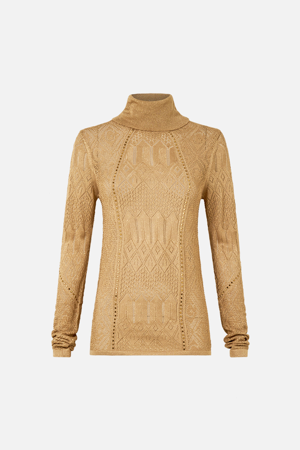 The CAMILLA Fitted Pointelle Turtle Neck Knit in our Ornate On A Plate print.