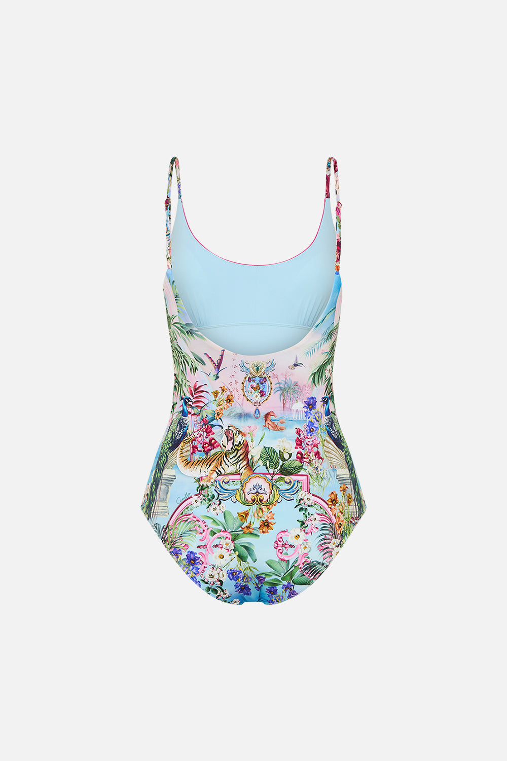 The CAMILLA Scoop Neck One Piece With Scoop Back in our Spirit Of Santa Maria print.