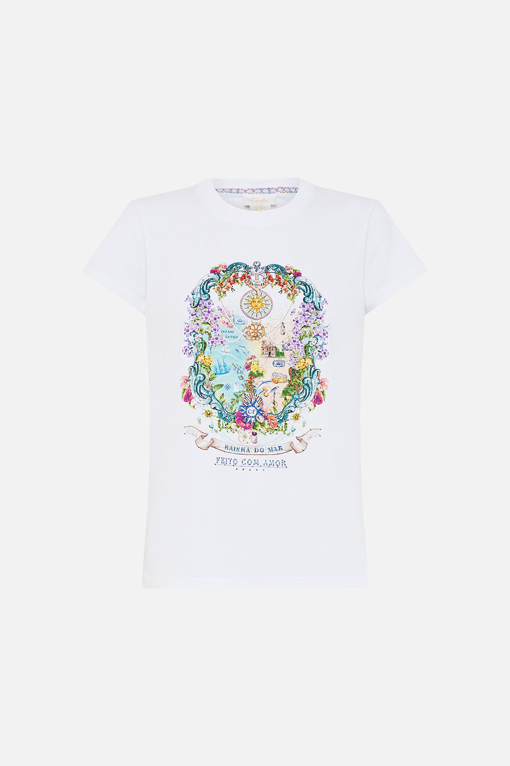 The CAMILLA Slim Fit Round Neck T-Shirt - White in our Just Coasting print.