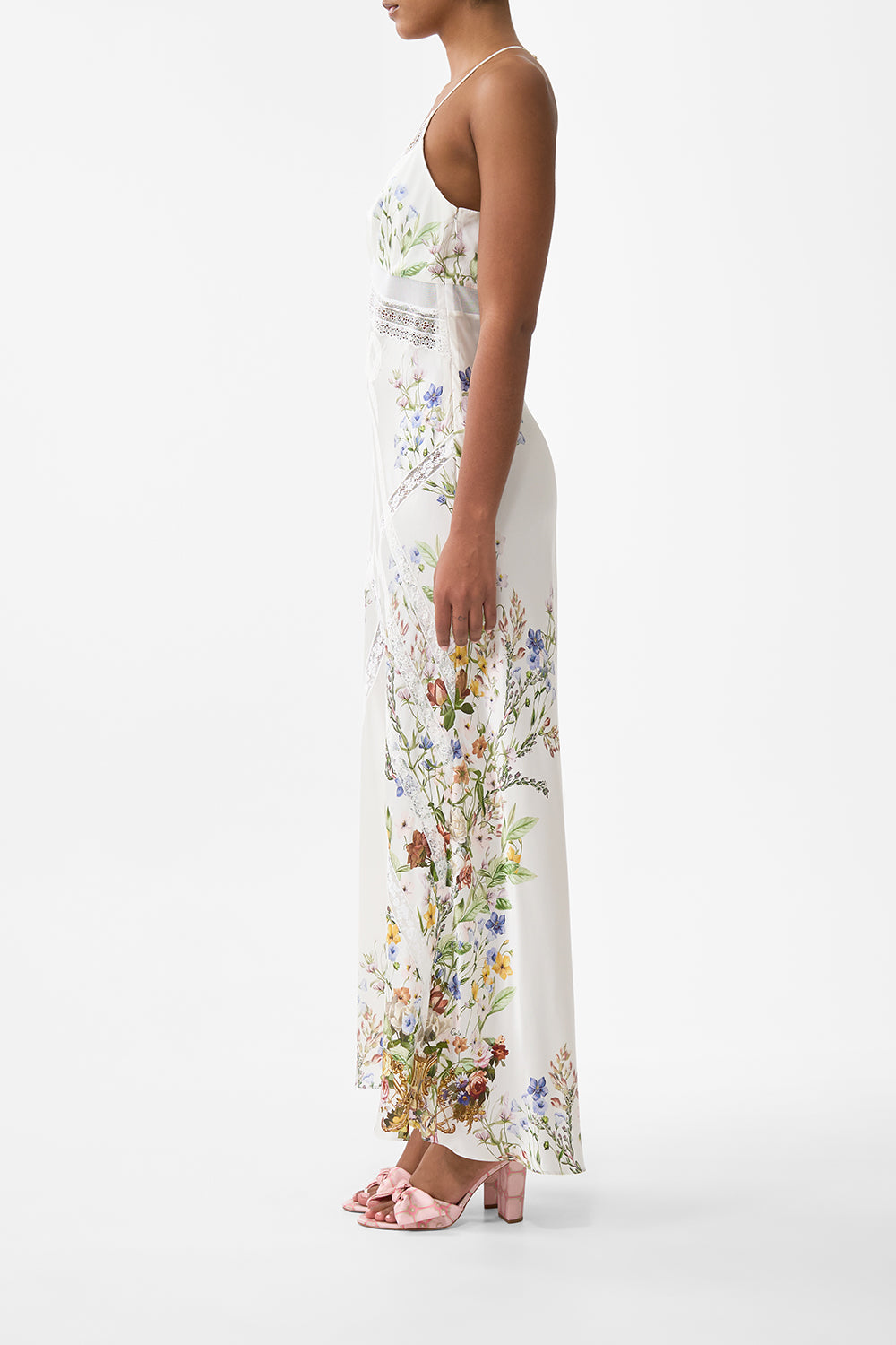 The CAMILLA Lace Splice Bias Long Dress in our Dressing Room Drama print.