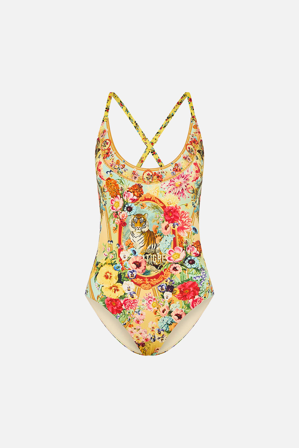 The CAMILLA Scoop Neck One Piece With Button Straps in our Aromatic Tiger Flower print.