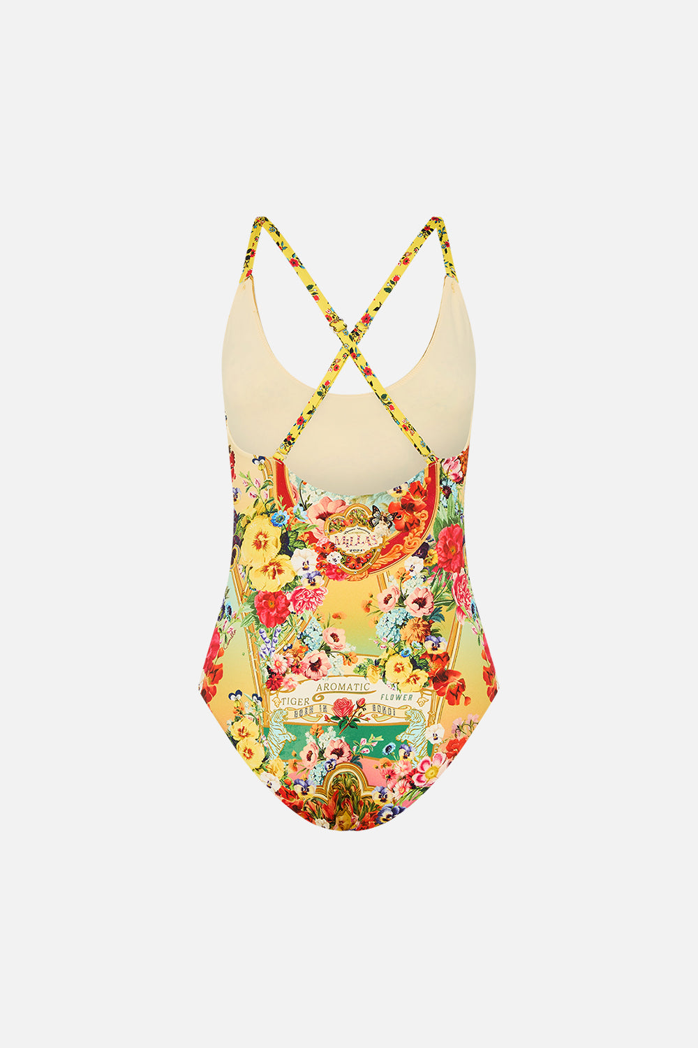 The CAMILLA Scoop Neck One Piece With Button Straps in our Aromatic Tiger Flower print.