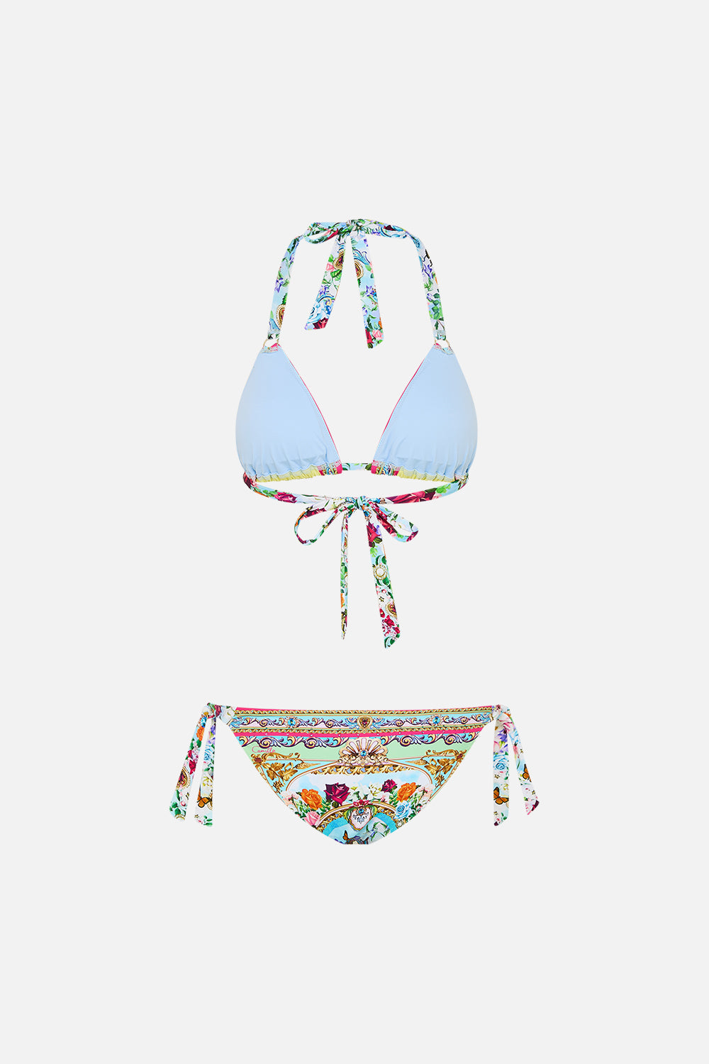 The CAMILLA Tri Bikini Set With Tie Sides And Ring Trims in our Spirit Of Santa Maria print.