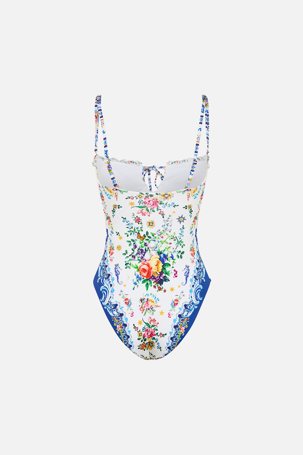 The CAMILLA Ruched Cup Underwire One Piece W Tie Front in our Tiles Darls print.