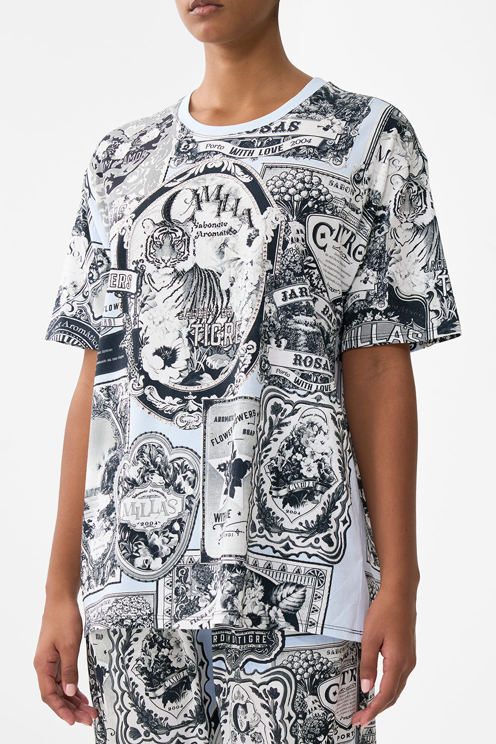 The CAMILLA Oversized Band Tee - Blue/Blk in our Perfumed In Porto print.