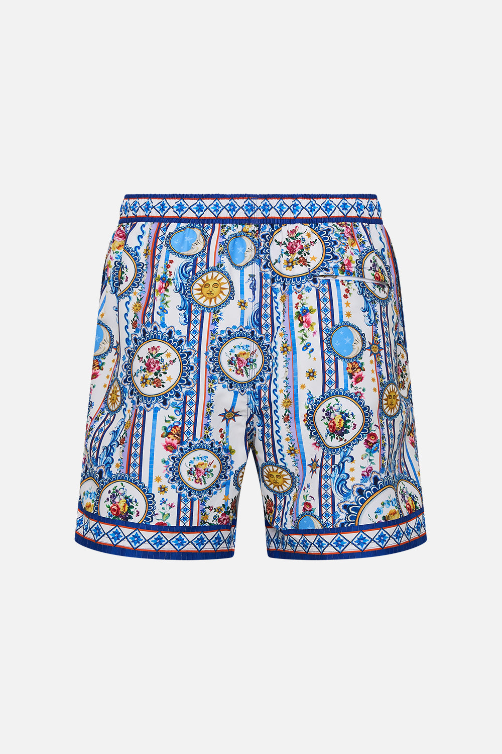 The CAMILLA Mid Length Boardshort With Elastic Waist in our Tiles Darls print.