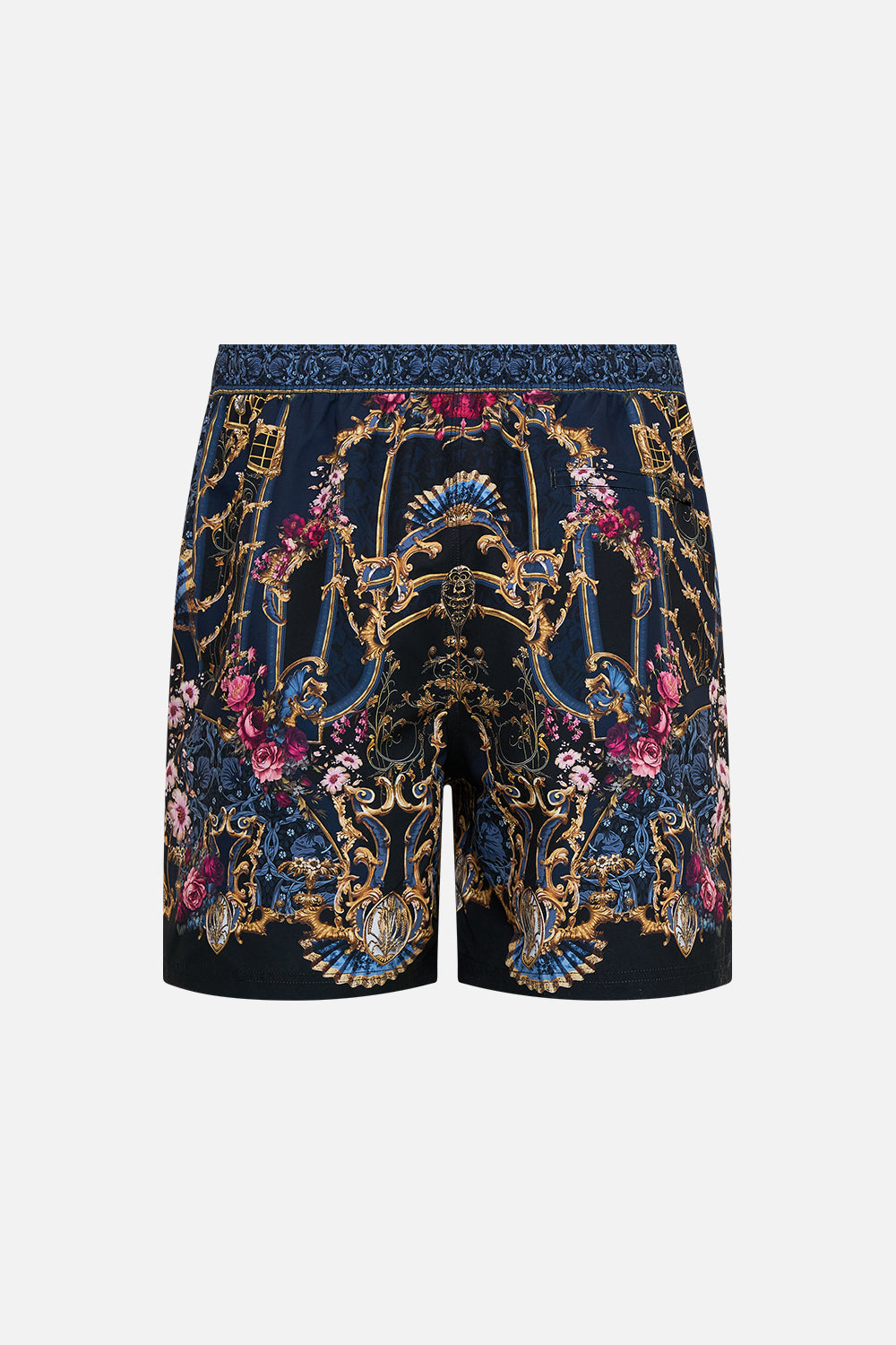 The CAMILLA Mid Length Boardshort With Elastic Waist in our Ornate On A Plate print.